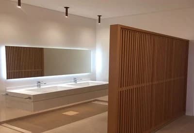 A long vanity, illuminated mirror and vertical timber privacy screen.