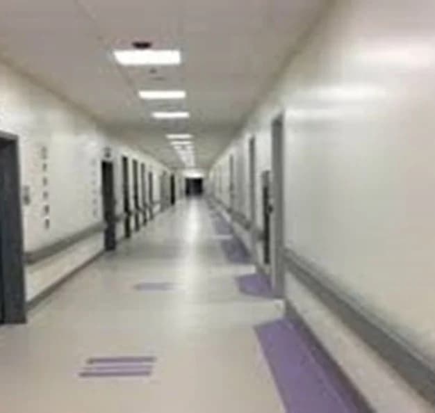 A long clinical corridor with ceiling lighting, room entrances and wall protection rails.