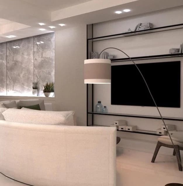 A fitted media wall, open shelving and coordinated lounge finishes.